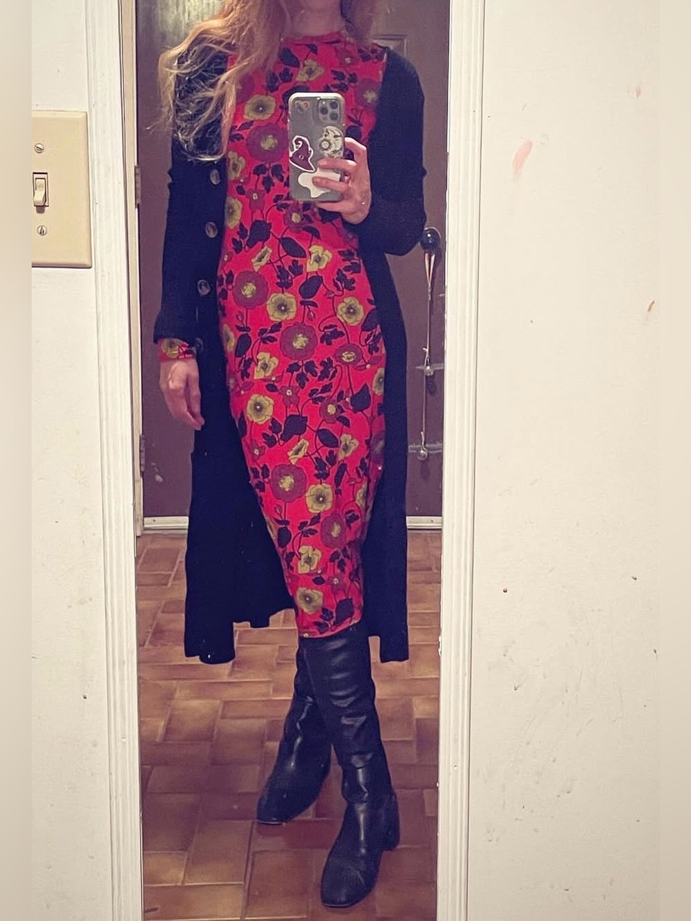 Zara Floral Long-Sleeve Midi Dress in Red and Yellow - Picture 2 of 4